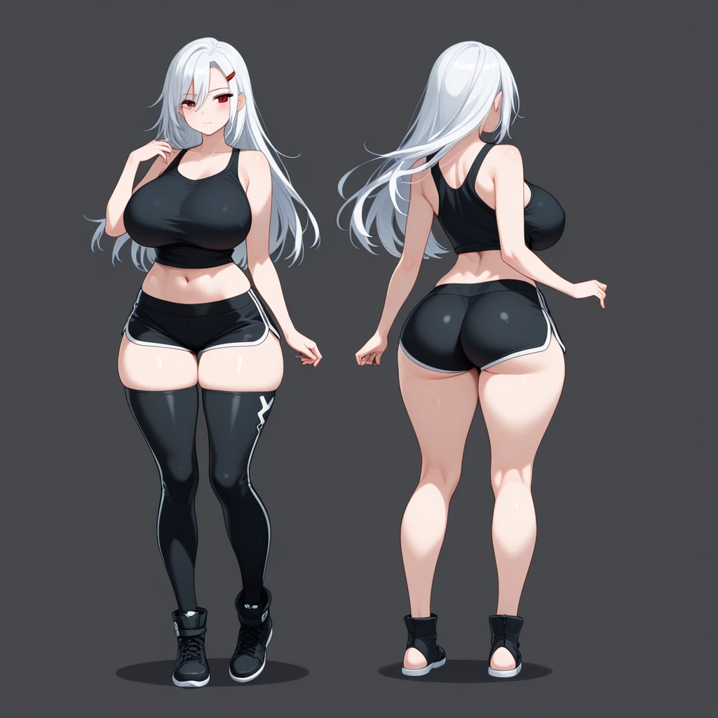 Demon woman, slim body, huge breasts, long legs, white hair, yellow eyes, horns, lycra full body suite, high boots, gloves, 8k, hd, masterpiece, full body, white background,character design in different perspectives, front, rear, left and right profile
