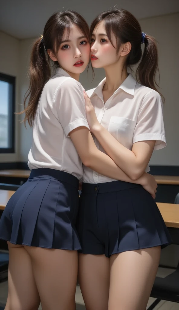 Two girls kiss while one girl is sitting on school desk, skirt, white panties, the second girl is rubbing her crotch on the corner of the desk, nsfw