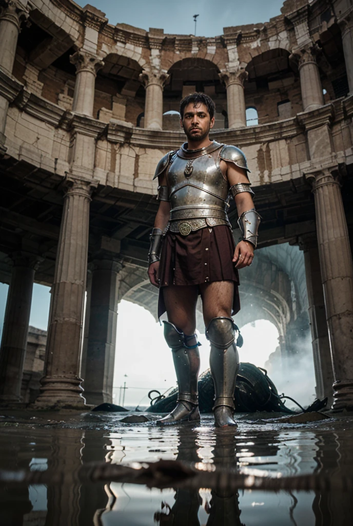 strong man, in profile, in almost running pose, full body realistic art, roman soldier
