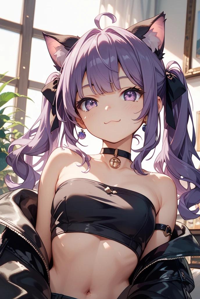 (masterpiece, best quality:1.2), illustration, absurdres, highres, extremely detailed, perfect face, 1gril, female focus, (female:1.2), sitting on bed, purple hair, short hair, messy hair, purple eyes, blue off the shoulder sweater, black sport shorts, bulge, black thigh highs, dog collar, thick thighs, tall, smiling, looking at viewer, dog ears, dog tail,