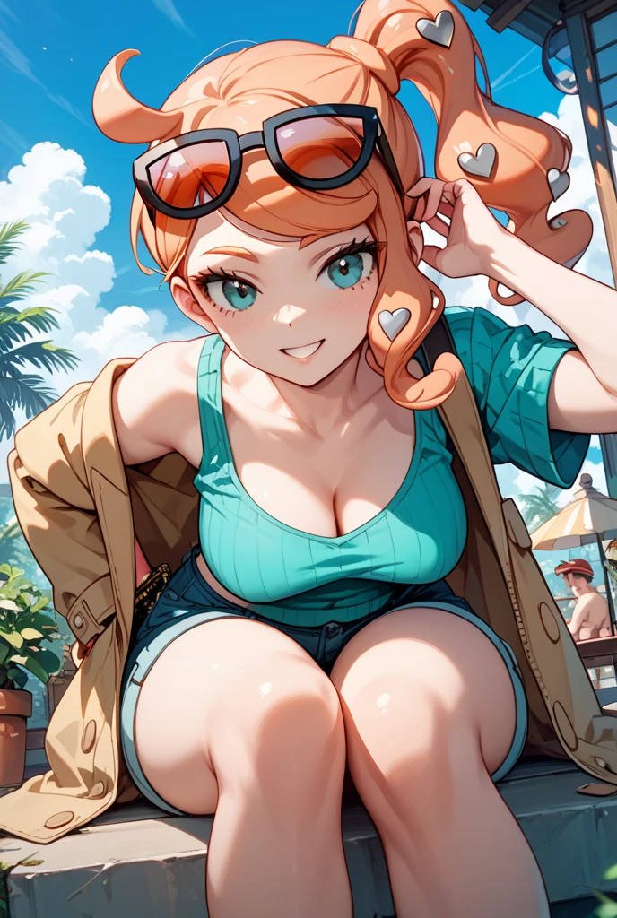 Very beautiful Nami (A piece of), Subtle makeup, kinakoen hour, realisticlying, hight contrast, 8K high-definition, Detailed pubic hair, hyper-Detailed pubic hair, realisticlying的皮肤纹理, orange long hair, Bikini tops only, blue pants, Bigchest, Best quality at best, 超高分辨率, RAW photogr, dramatic lights, unreal-engine, diffuse glow, En plein air, realistic Detailed pubic hair onep piece pirate ship, Treasure chests, kinako, kinako coins, kinako bars.