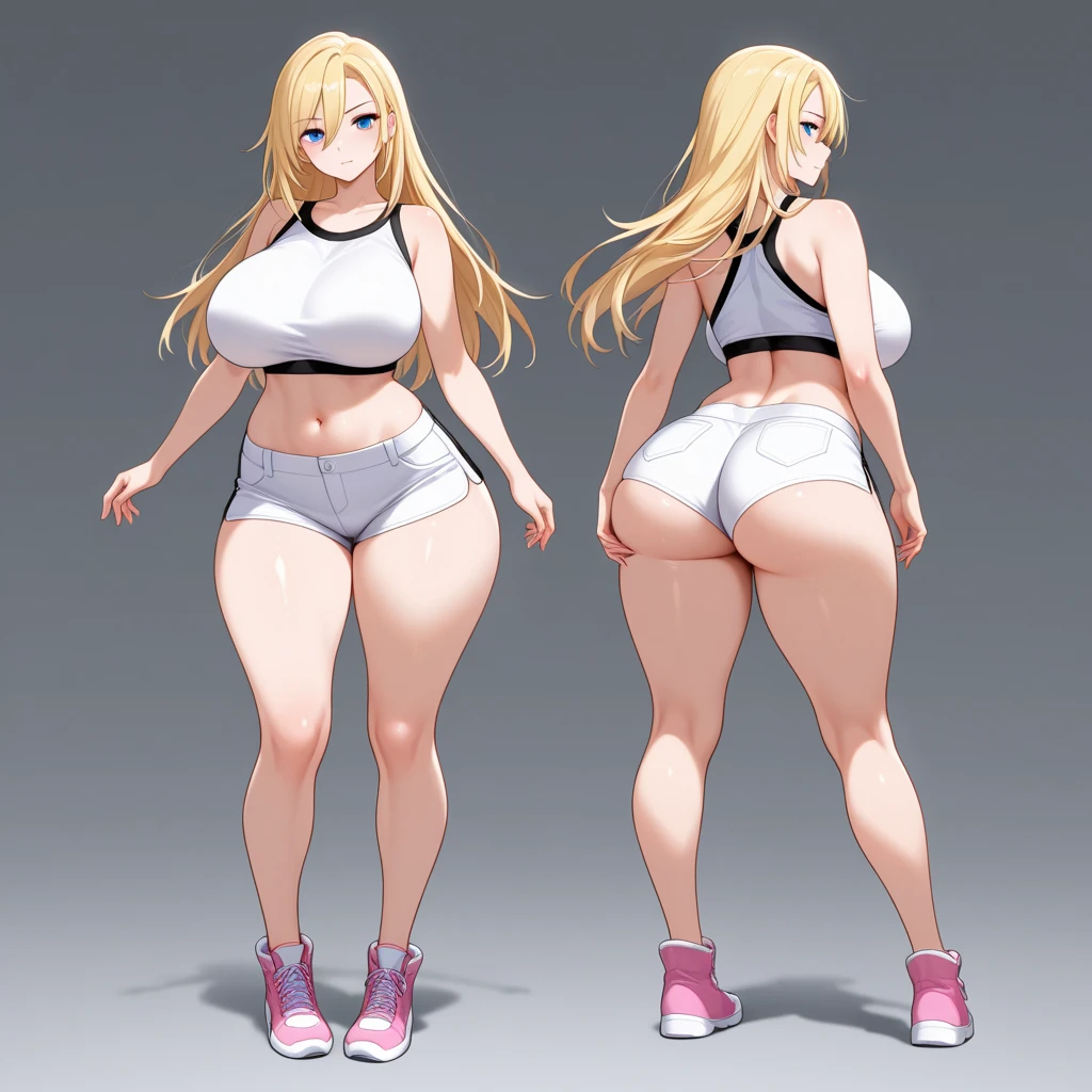 1milf, pear shaped, pear shape figure, bottom heavy, wide hips, incredibly wide hips, thick thighs, incredibly thick thighs, plump, incredibly plump, bent over, looking at viewer, angry, annoyed, tank top, panties, wide, hyper, belly hanging, massive belly, fat thighs, skindentation