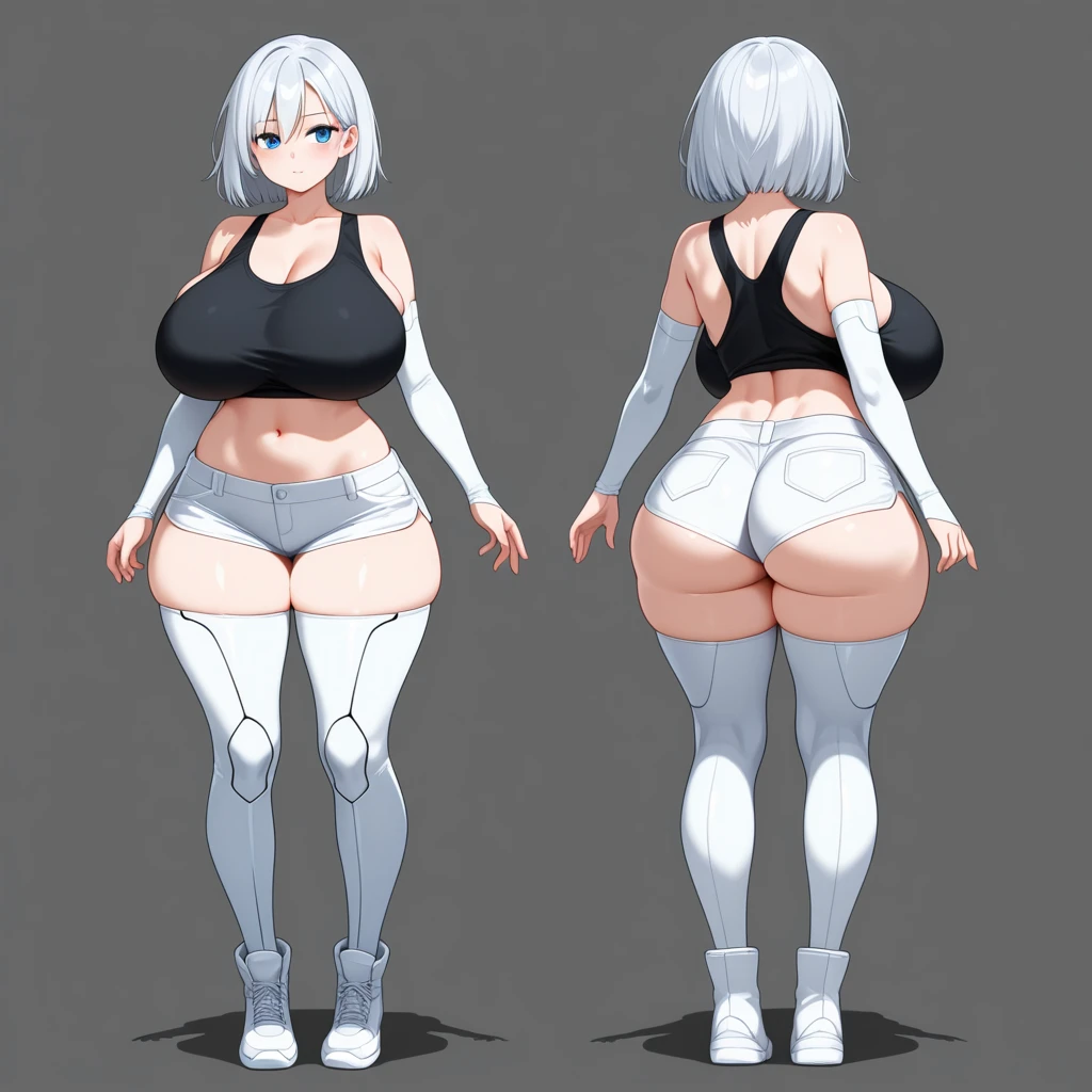 sheep woman, two side horns next to the head, laughing pink hair, yellow eyes, shapely legs, fit body, big breasts, tail with wool at the end, fitted two-piece short dress, tank top shift white, 8k, hd, masterpiece, white background, full body 8k, hd, master piece, full body, character design in different perspectives, front, rear, left and right profiles
