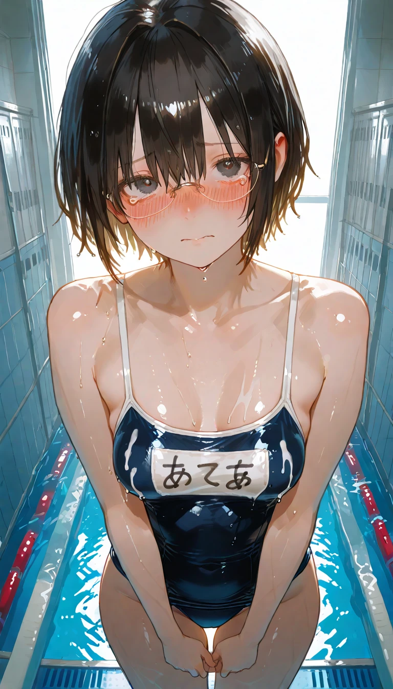 Sexy Swimsuit、Adult Bikini、Chestnut Hair、short hair、breasts_on_Glass ,nipples,breast press, against Glass, navel,large breasts、bath
