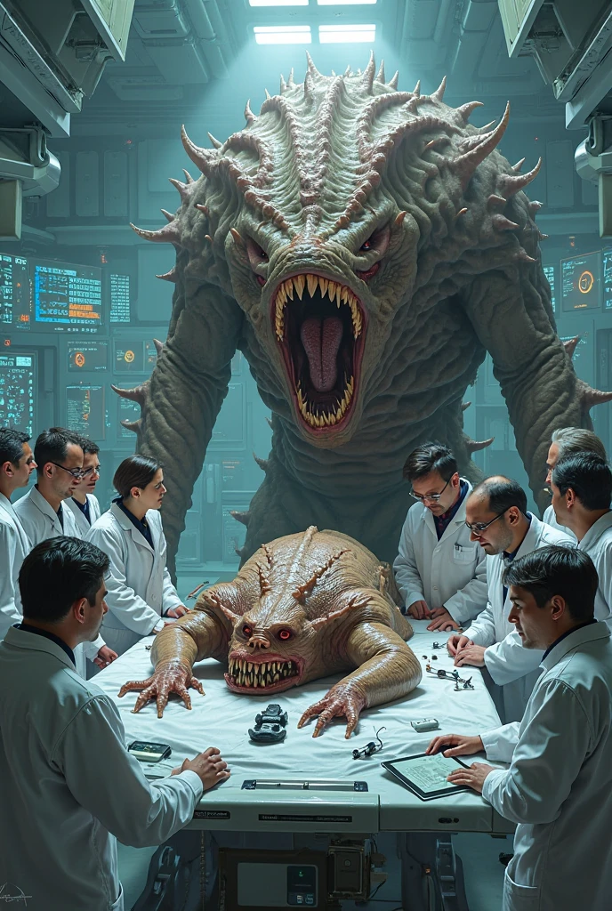 Create a portrait of middle aged man watching a humanoid creature that stare at him with furious in a laboratory, realistic portrait, detailed.