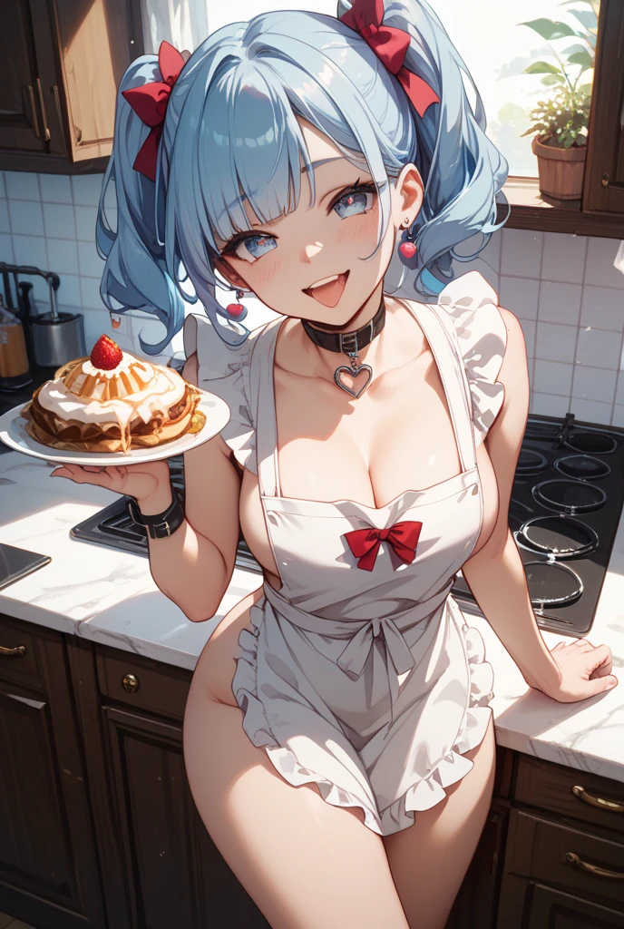 (dynamic angle:1.3, front view:1.1, breast focus:1.3, from above:1.1), (dynamic posing:1.2, sexy posing:1.2), (seductive smiling:1.3), ((looking at cake,Taking a cake out of the golden oven, worried about the outcome:1.2)),highest quality、(real、photorealistic:1.4),(ultra high resolution, 8K RAW photo, clear focus), best qualtiy, natural lighting, field depth, (Bright pupils, detailed beautiful eyes, high detailed face), Red lip, (tight focus:1.2), a girl 22yo old, Wearing a pastry chef uniform:1.3 , Thicc, thin breast, long hair, blue eyes,garter stocking, cleavage:1.2, midriff, black shorts, black thighhighs, thigh strap, pretty girl, (highly detailed beautiful face and eyes,firm breasts),real skin,((black,hair,long pony tail hair)),thin pubic hair,cute,lovely, detailed eyes,(double breasted:1.0,under bust:1.0),(with sparkling eyes and a contagious smile),open mouth, Looking at Viewer,A scene of cooking in the kitchen,looking at the golden oven