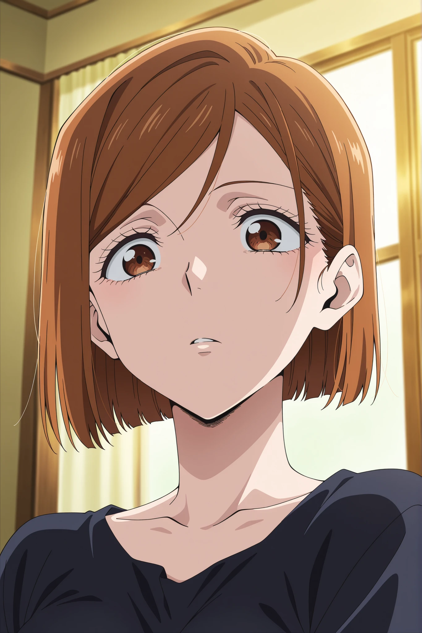 Best Quality, masutepiece, Brown hair, Yellow eyes, Yuriko Aoki, Stand in the changing room, Chest shyness, oversize breast, no sleeves, Tight turtleneck, The upper part of the body, Close-up on the chest,