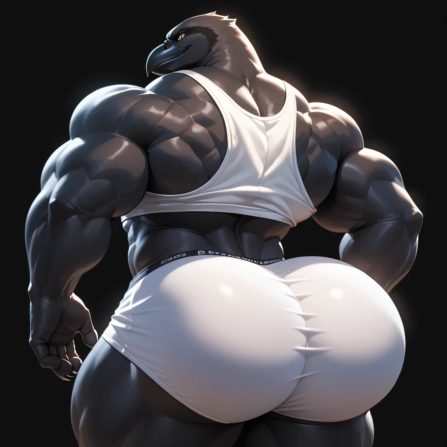Crow, black body, furry, yellow eyes, very handsome, muscular, wearing a white tank top and white briefs, from behind, looking back with evil smirk on a black background, on a black background, very muscular, Muscles Hyper Buff, gigantic ass, huge ass, white thick briefs