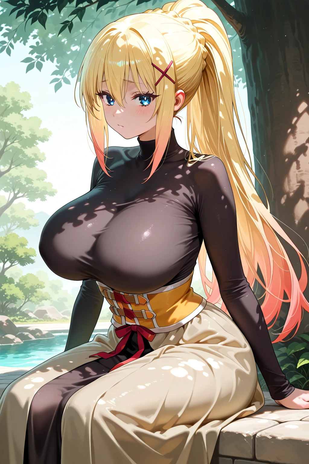 4K,High resolution, (Highly detailed CG,8K,wallpaper)、One Girl,(Clean detailed eyes),((one piece,Face seen from an angle)),(((Put out the )))),((NSFW)),(Huge breaste breasts),(Hugts),(Huge breasHuge breasts)))iful and shapely ),Light-colored hair、Cute hairstylornaments、Flower Field