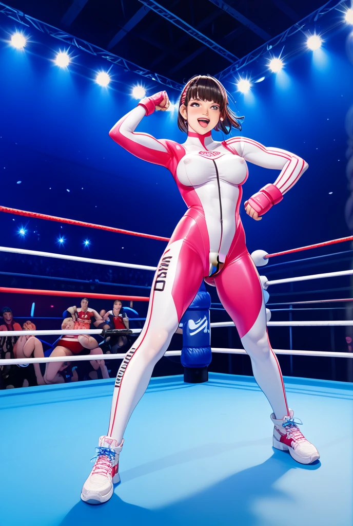 masterpiece、highest quality、High resolution、real girl、professional wrestler、people々close-up of、Wearing a white bodysuit、During、Sexy、masterpiece, super fine illustration, best quality, light particles, ultra detailed, perfect anatomy, Japanese anime style, 8K, (woman), (small breasts), ((black short hair)), shiny hair, shiny skin, oily skin, beautiful face, (white leotard, wrestling boots:1.2), (nipples), (orgasm face, beautiful black eyes, shiny eyes, half-closed eyes), blush cheeks, arched back, get down all fours, boob on stage, (naked man:1.3), (man behind woman), (intense Sex:1.6), (doggy style sex:1.4), vaginal penis, hetero, (man hold woman's waist:1.4), (cum out), nsfw, stage, wrestling stage, crowd,perfect anatomy