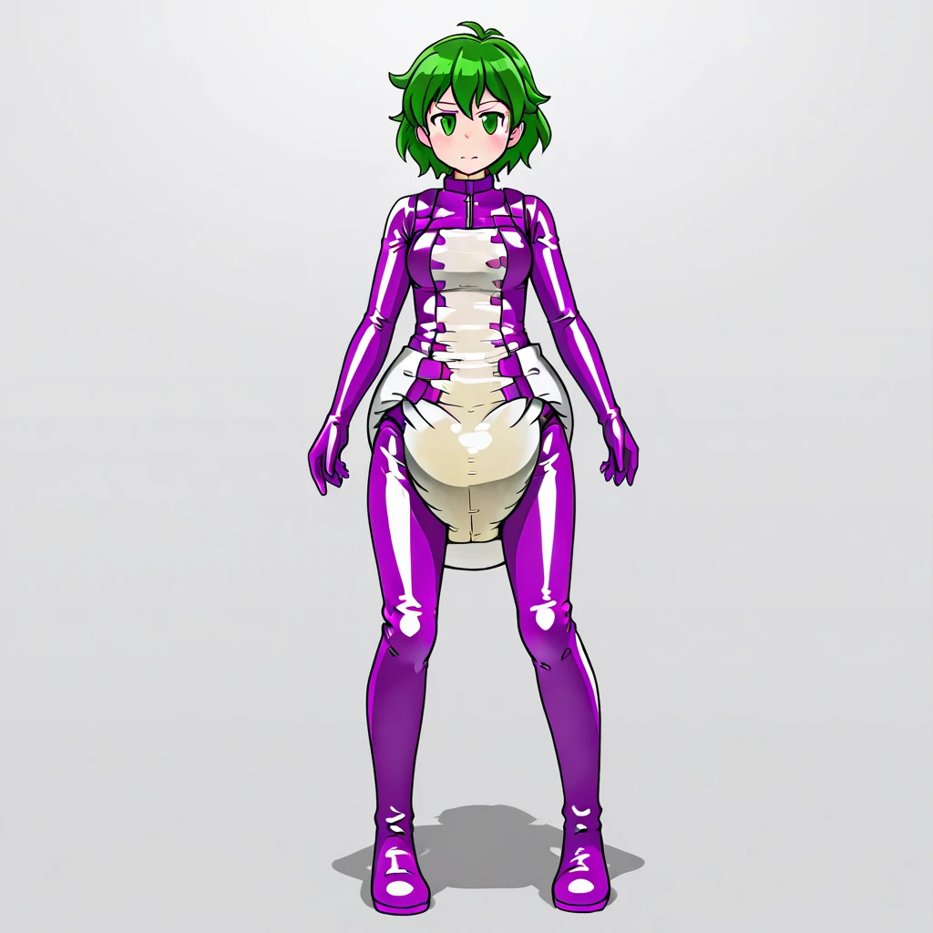 (8k, RAW photos, top quality, masterpiece: 1.2), (High Quality), ray tracing, HDR, (High Details), (Face detail), (Shadow Detail), Runa/Luna, 3d, 3d render, Vrchat model, android, 1girl, solo, Tatsumaki, short hair, black hair, green hair streaks, waving, green eyes, beautiful eyes, woman, detailed, thick thighs, grey skin,