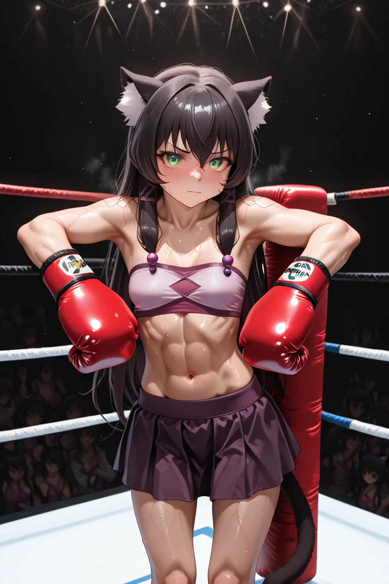 Injured Japanese female high school mixed martial artist during a match in the ring。Short black hair。Glaring at someone。He has his arms out in front of him in a fighting pose.。Rin々A funny expression。Drenched in sweat。A well-trained body。Six Pack Abs。Small breasts。Erect nipples。White and pink sports bra、bikini。Open Finger Gloves。