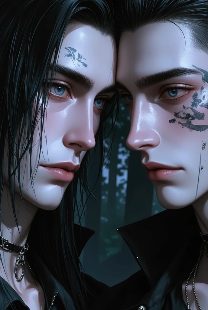 full faraway view, Stunning dark fantasy of 2 males, 25 year old anime male assassins, with long black/white hair freckled skin, almostintimatelykissing, handsome, eyes closed, facial expressions of lust, Dark fantasy romantic semirealistic manga comic style. Volumetric and dynamic lighting. Hyperdetailed photorealistic hyperrealistic
