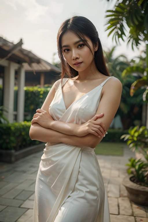 Young sweet beautiful Bogor city girl, 25 years old, slim body, medium breasts, georgeus face,
 shoulder long black hairs, descent mixed from sundanese and minang, being buzzy with home duty in the morning at back yard, wearing white thin homedress, hyperrealistic, very detail, from top head to toes view, 