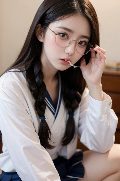 araffe asian woman in glasses laying on a bed, Korean Girl, with glasses, wearing japanese school uniform, wearing headmistress uniform, Gorgeous young Korean woman, japanese girl school uniform, wearing thin large round glasses, with black pigtails, wearing small round glasses, beautiful korean woman, Smooth white tight clothes suit, loose coat collar sailor uniform