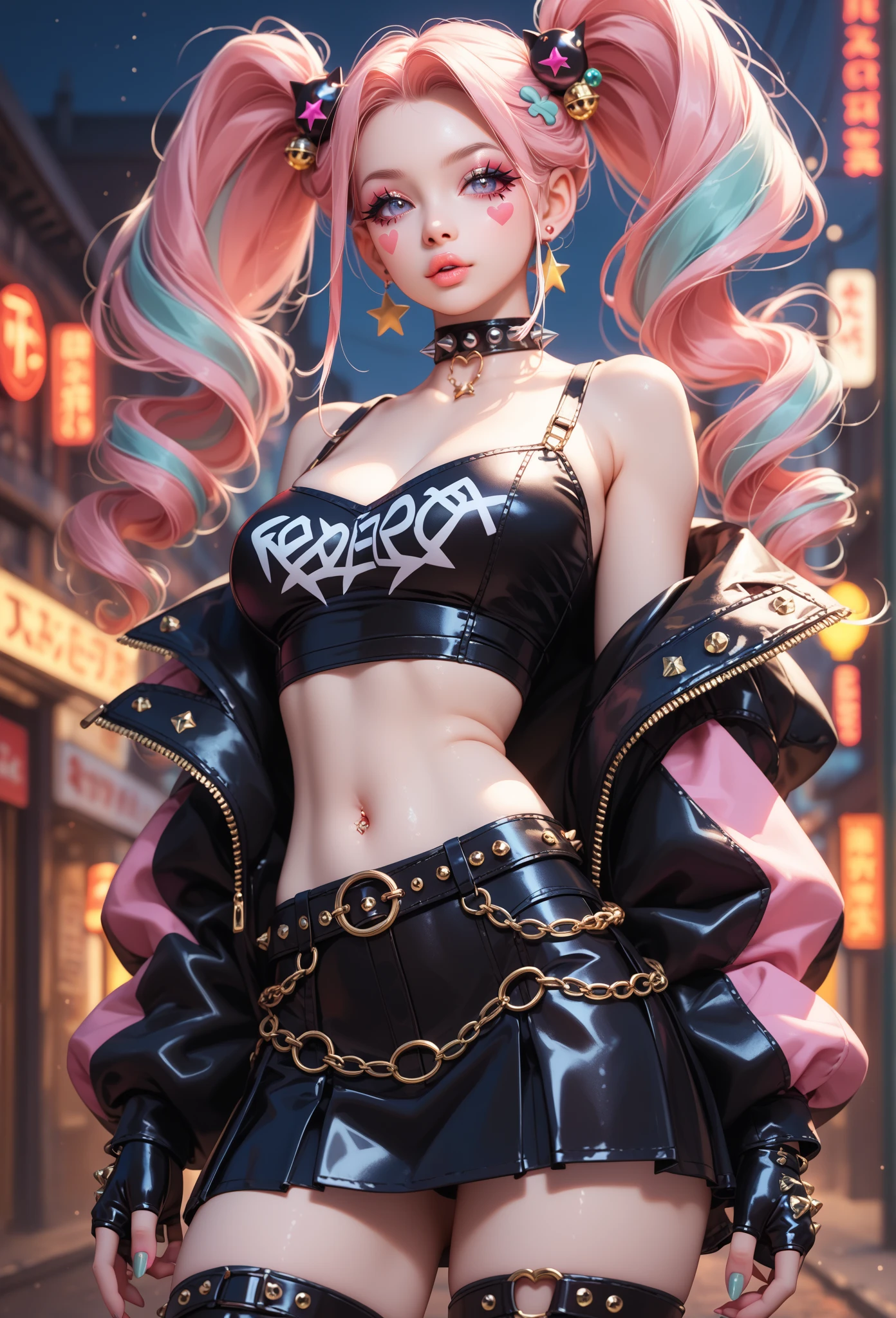 Disney character
Girl with long black and light pink hair
Piercings
Tattoos
Stretched ears