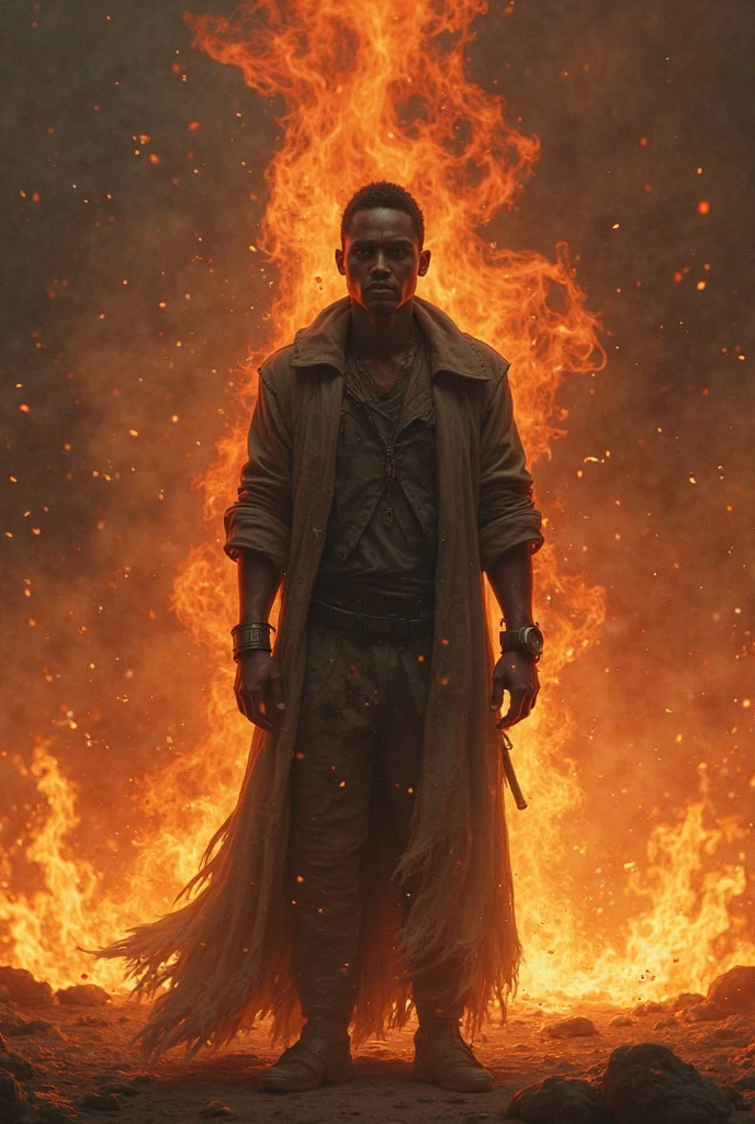 A twenty-five-year-old man, with black hair, curly and long to the shoulders. green eyes. walks through a dark cave with a torch in his hand