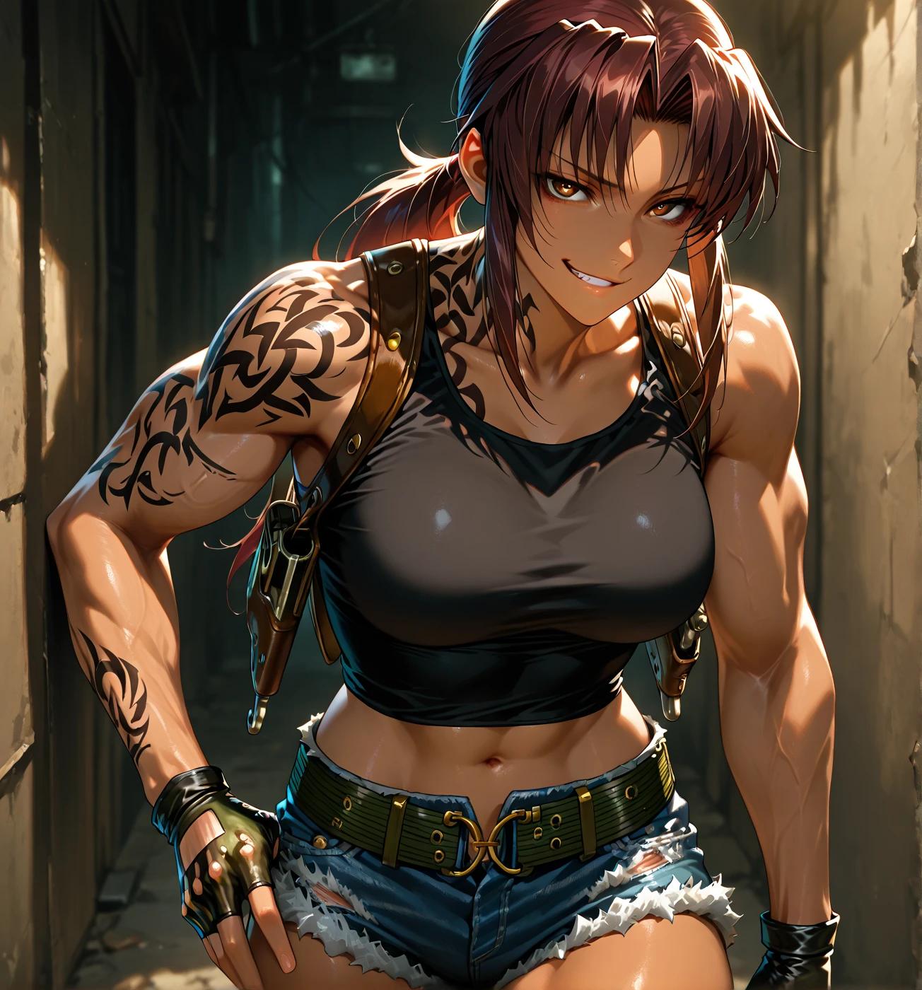 Revy from black lagoon, nude, expression is sensual, neon lights illuminating the area, The artwork is rendered in an edgy and realistic style, with high attention to detail and sharp focus. The colors are vivid and contrasted, with a slight desaturation to create a moody atmosphere. shadowy highlights enhancing the overall composition. The medium used is a digital illustration, with a touch of photo-realistic elements to add depth and texture to the image. The final result is a masterpiece in ultra-high resolution, showcasing the intense and raw nature of Revy's character.