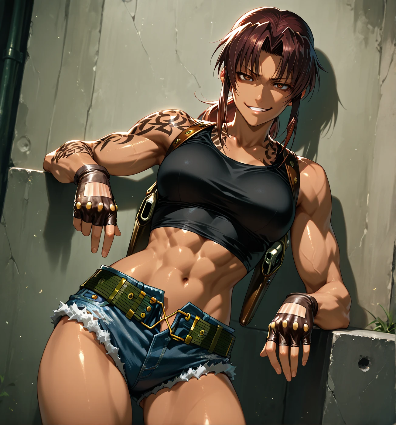 (masterpiece, best quality:1.2), highres, absurdres, high quality, simple background, <lora:beautiful detailed eyes:0.5>
1girl, solo, <lora:waste_lora-17:0.6>, (between breasts), looking at viewer, brown hair, navel, hair between eyes, collarbone, yellow eyes, midriff, belt, pants, medium hair, scar, bandages, abs, tank top, messy hair, scar on face, pouch, bandaged arm, muscular female, scar on arm, scar on stomach, 
/////////// <lora:cutesexyrobutts-000217:0.6>, <lora:rabies-t-lagomorph:0.7>,  <lora:AsuraV1:0.4>