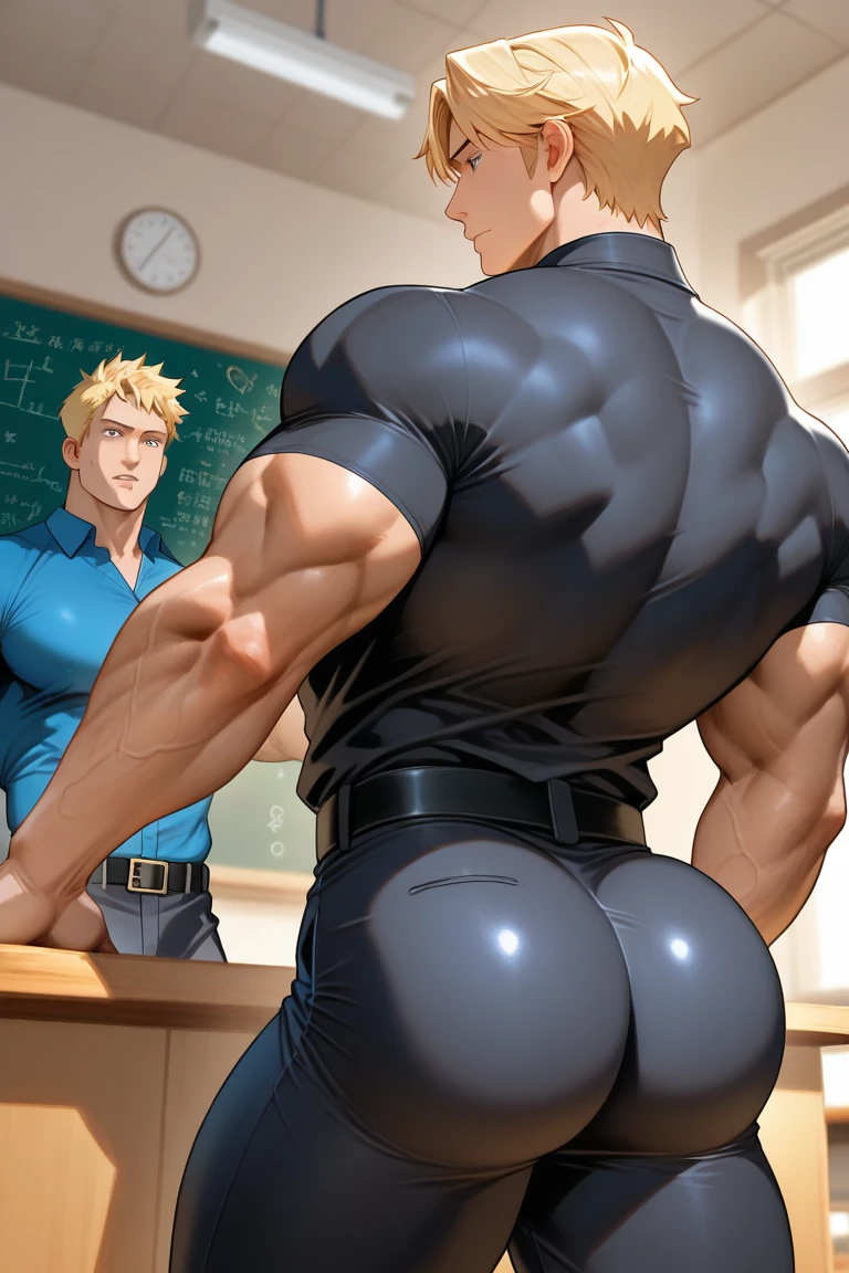 PC Principal, Blonde hair, Facial hair, Male, Middle aged, short hair, Nude sunglasses, solo, 1boy, muscular, from behind, bubble butt, big ass, spreading ass, big balls, long penis, big penis, bent over desk, looking back at viewer, blushing, smiling