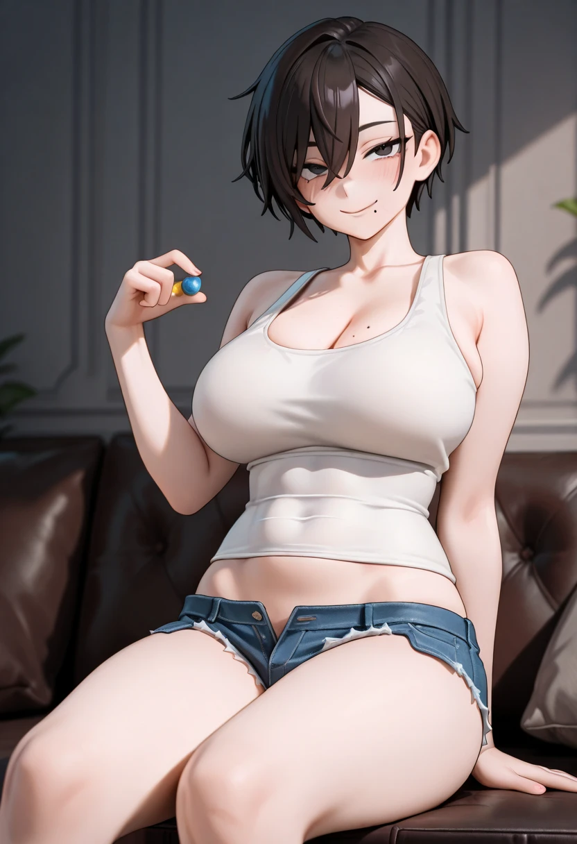 Hyper realistic super detailed sexy short hair blue sofa sitting soda in hand