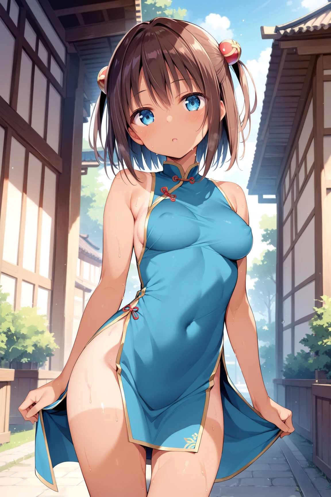 (short kimono)), luster Outfit, ((skindentation)), skinny, solo, (1 sexy woman), Masterpiece, highest quality, highest quality, 16K, incredibly absurd, highly detailed, 2.5D, ai-generated, delicate and dynamic, very delicate facial expressions, delicate eye depiction, erotic, only sexy woman, ((A cute and kind face)), healthy figure, ((25-year-old woman)), 160cm tall, medium firm swaying bust,, blush, Sweat,Embarrassed,sexy, ((thin thighs)), (camel toe:0.8), Erect nipples, (visible nipples:0.5), ((shiny and lustrous)), facing straight at viewer, smile, Large park, daytime, bright, on the grass, (dutch angle), (Erotic pose),