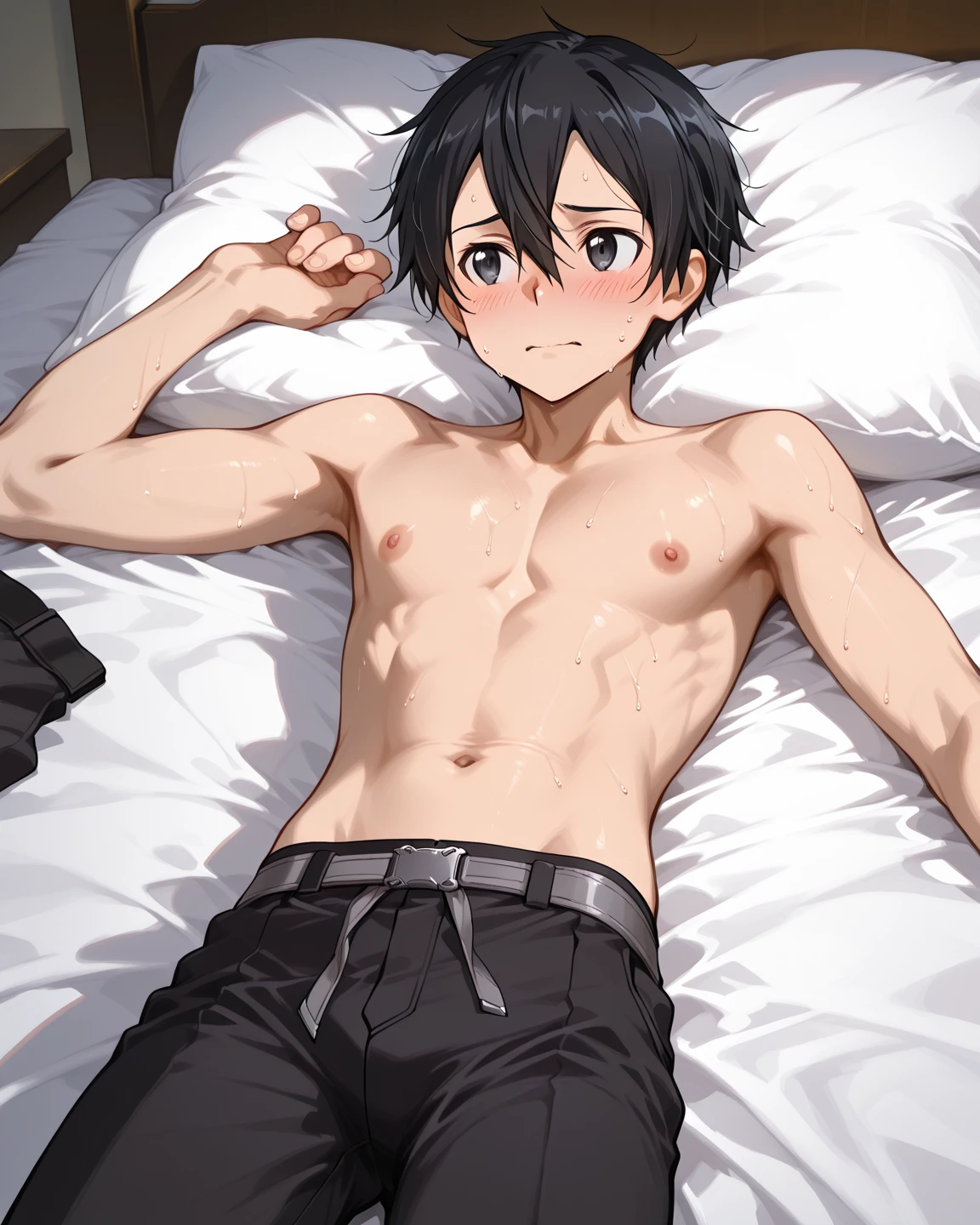 young guy naked sitting on floor wearing wet pants and cumming on his stomach, male focus, 1boy, testicles, penis, abs, erection, cum, dark skin, dark-skinned male, solo, looking at viewer, sitting, black hair, nipples, pectorals, toned, nude