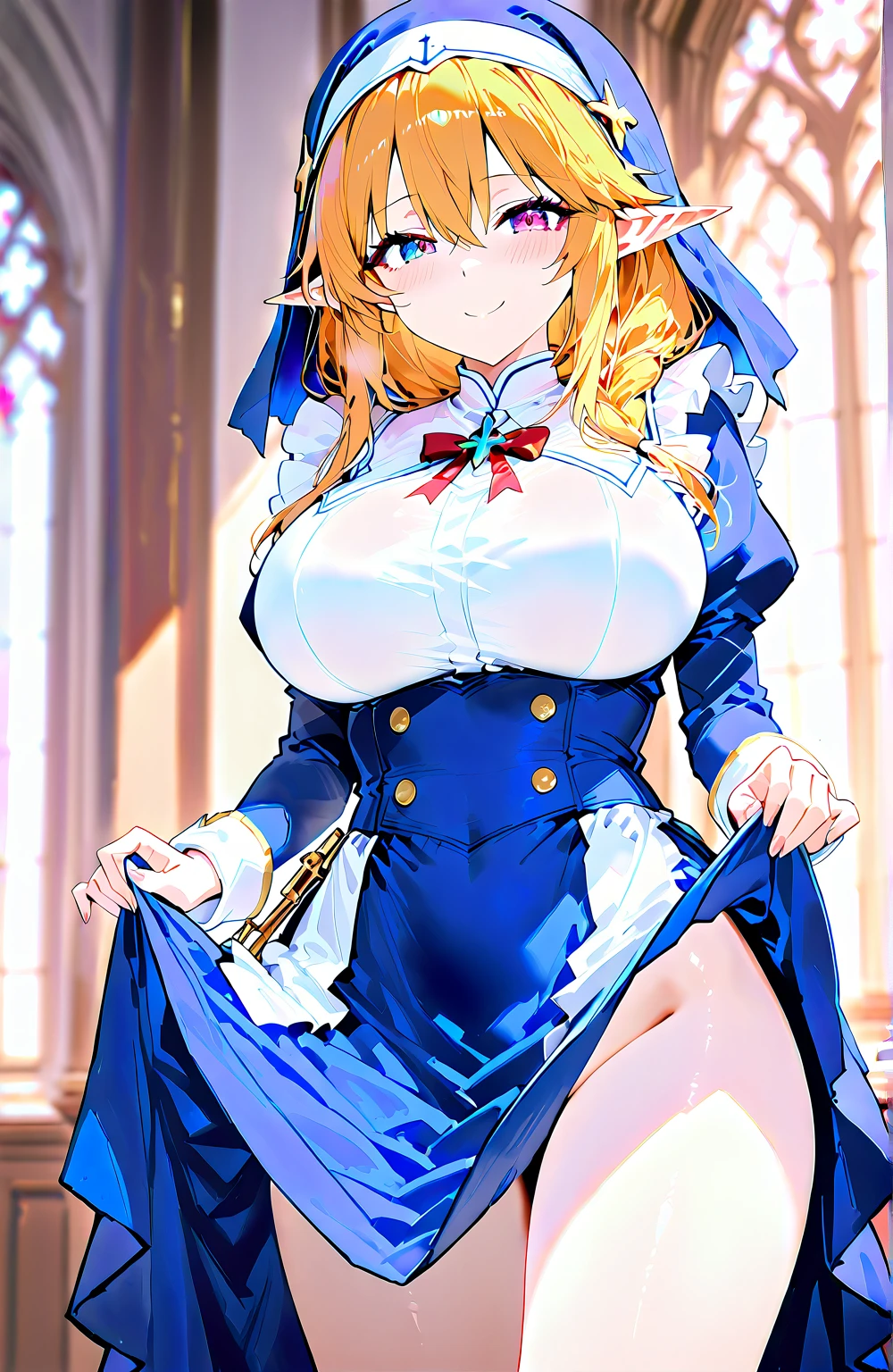 girl with bow on her head,Long blonde hair,blue color eyes,White lace underwear,lewd nun,Holy,Best quality at best,exposing her big breasts,mini-skirts,Gorgeous church background,Extremely detailed,Lift up the white pliers