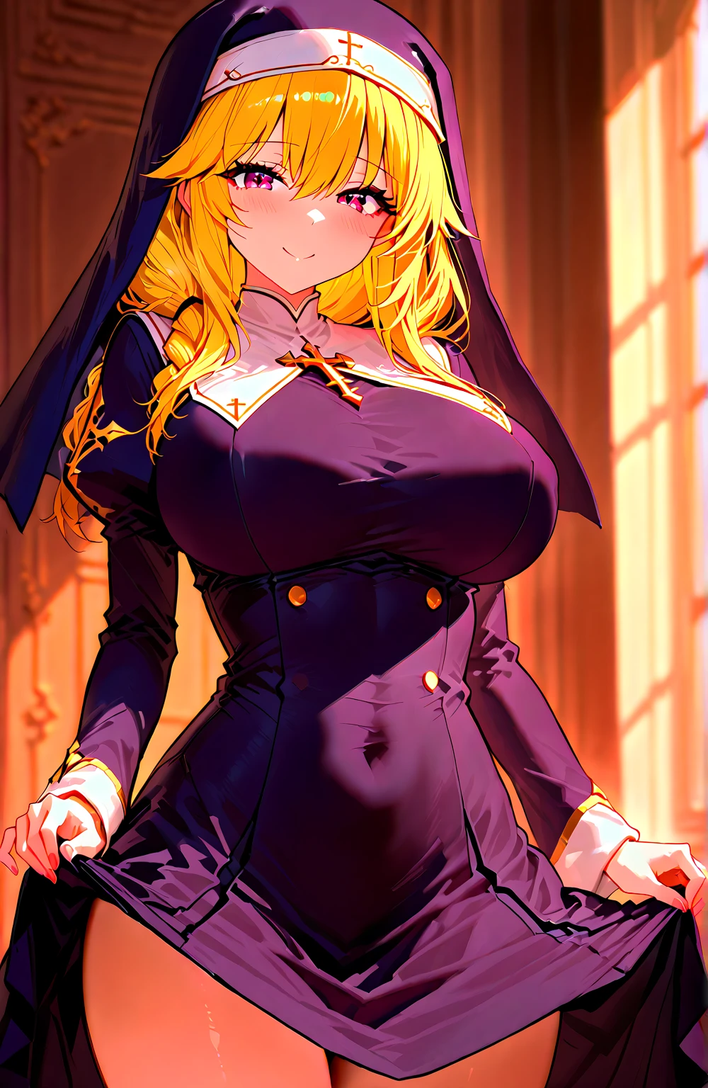Girl、Nuns、Blonde、Red Eye、smile、Grin、セクシーなNuns服、Large Breasts、Cleavage、Sideboob、Long skirt with a deep slit、Belly button、Mainly black clothing color、garter belt、Sexy Panties、church