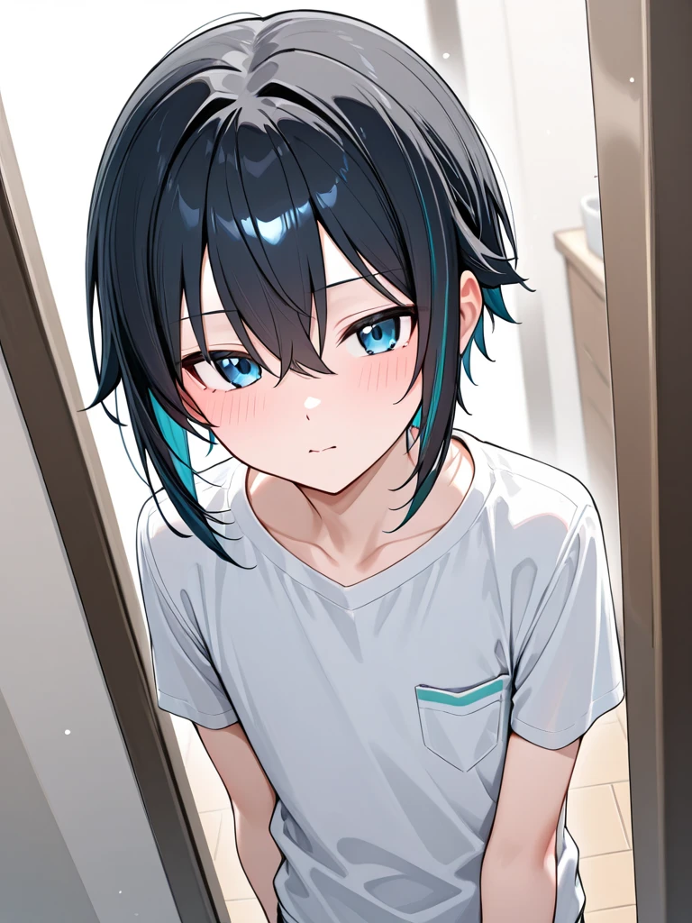 Highres, Masterpiece, Best quality at best,Best Quality,hight quality, hight detailed, 1boy, Shota, Cyan, Choker, Tank top, (very young boy), (very small and short body), 12-year-old boys, (Showing armpit:1.3), Simple beckground, Little sweat, 