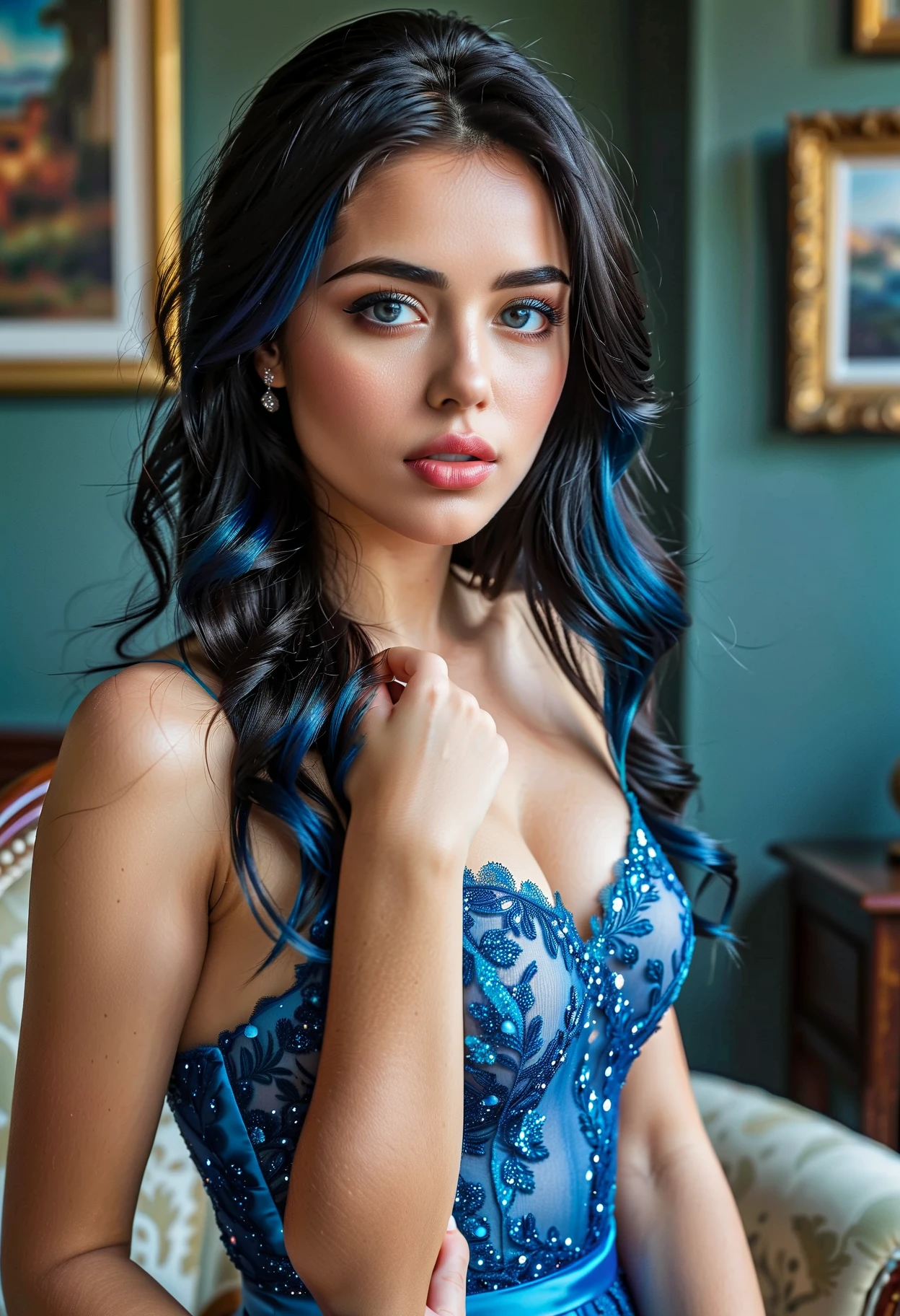 woman in blue dress , twitch streamer, low quality video, her belly button is exposed, Gorgeous Jade Tailor Woman, belly button showing, gorgeous stella maeve magician, she is smiling and excited, Chewing the graphics card, macro giantess, partially cupping her hands