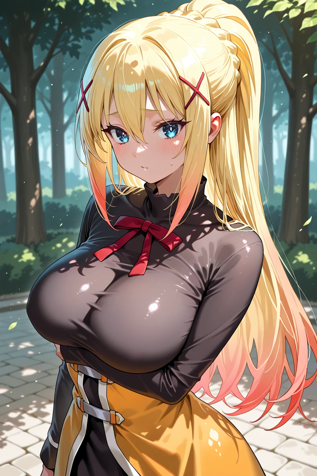 masterpiece, best quality, extremely detailed, 1girl, (milf, motherly:1.3), solo, (dark skin, black skin:2), (huge breasts:1.25), ((((blonde hair, streaked hair), very long hair, pink eyes, cat ears))), blue lips, (((black kimono, bare shoulder, white pantyhose))), ((seductive smile), closed mouth), ((gazebo, temple))