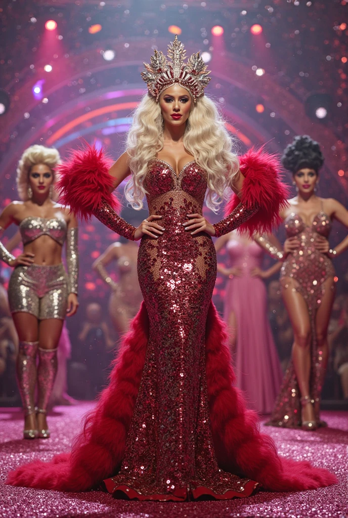 Photo of lady gaga with futuristic red dress full of diamonds, unique glasses, 4K texture, long hair, high quality, extravagant hairstyle, original album cover, colorful dress with diamonds, 8k image, futuristic, high image quality, at night, hair accessories, 8k image, realistic face in high quality, full body, different poses