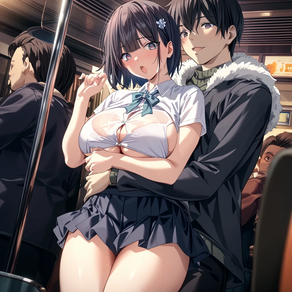 A girl is standing on a train, crying and refusing to move. She is topless, wearing no underwear, wearing a checked skirt, her nipples are erect, she has short black bob hair, small breasts, and pale pubic hair. A molester forces his arm around her shoulders, lifts one of her legs, and inserts his penis into her vagina.