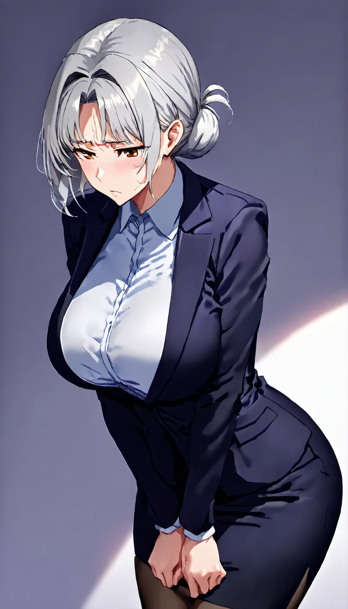 SOLO, A Mature Female(Elder),Mature flavor,brown eyes,(Sulking,depressed, worried),Perfect body,big oppai,(Grey hair,short hair,hair intakes, hair bun), Wearing A black Office-Lady suit with hip-covering skirt, In the meeting room,Open Pose,UHD, anatomically correct, masterpiece, textured skin, high details, highres, 1080P, 16k, accurate, Beautiful face, Perfect face, Highly detailed beautiful face and eyes, Attractive face, Detailed face, Delicate facial features, Detailed skin,Cowboy shot,(((hbig bosom)))
