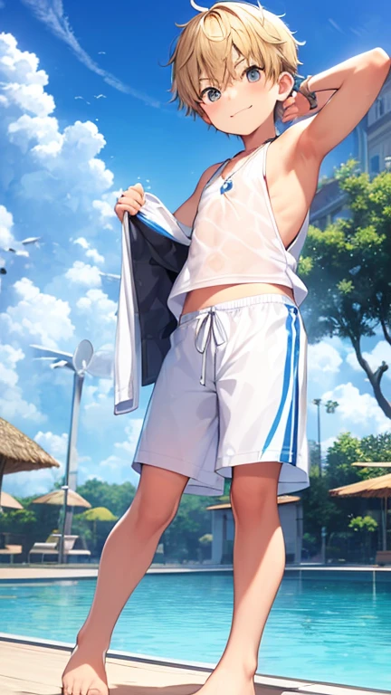 动漫男孩站On the beach的冲浪板上,People in the background, from, Fine details, standing At the beach上, Smooth anime CG art, At the beach上, At the beach, On the beach, Cool anime poses, Inspired by Border Guardians, Artwork in the style of Guweiz, Heat and sun very detailed