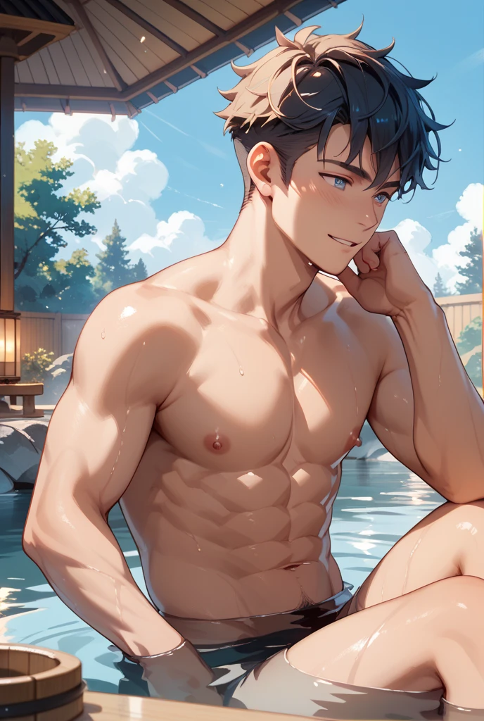 Cha Eun Woo似、1 boy、16k.mega highly detailed、hentail realism.best quality、A smile、Split Abs、Top Resolution Boy, Naked, completly , Muscular, Handsome, En plein air, bathing with steam, hot onsen, Onsen, Sweat, view the viewer, Depth of field, black boxers, Detailed background, Detailed lighting, diffused natural sunlight, diffused natural skin glow, symetrical eyes