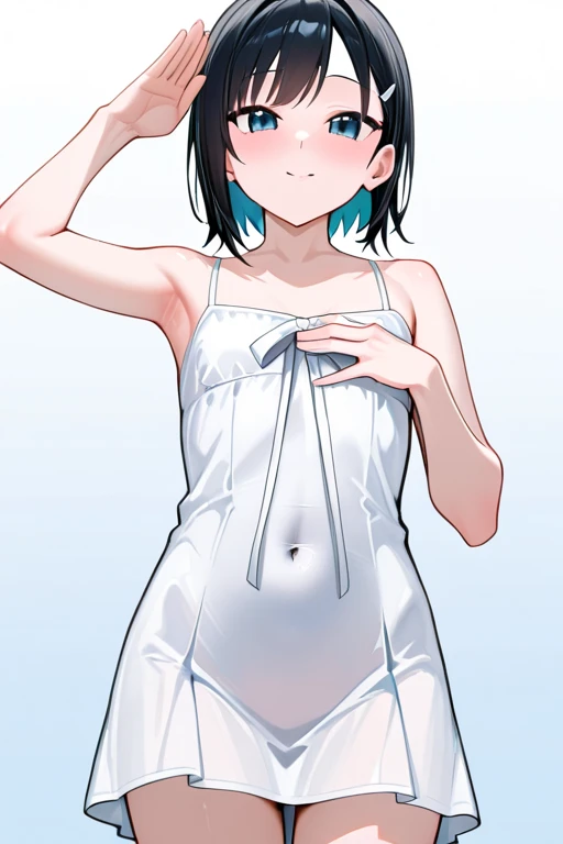 1girl, solo, white polo shirt, white sneakers, tennis wear, white miniskirt, masterpiece, best quality, realistic, hyper-detailed, (shiny skin, sweaty:1.4), absurd, looking at viewer, short black hair, brown eyes, slender, dynamic lighting, high resolution, sharp focus, depth of field, detailed eyes, sharp pupils, realistic pupils, (small :1.6), (thick thighs:1.0), outdoor, sky