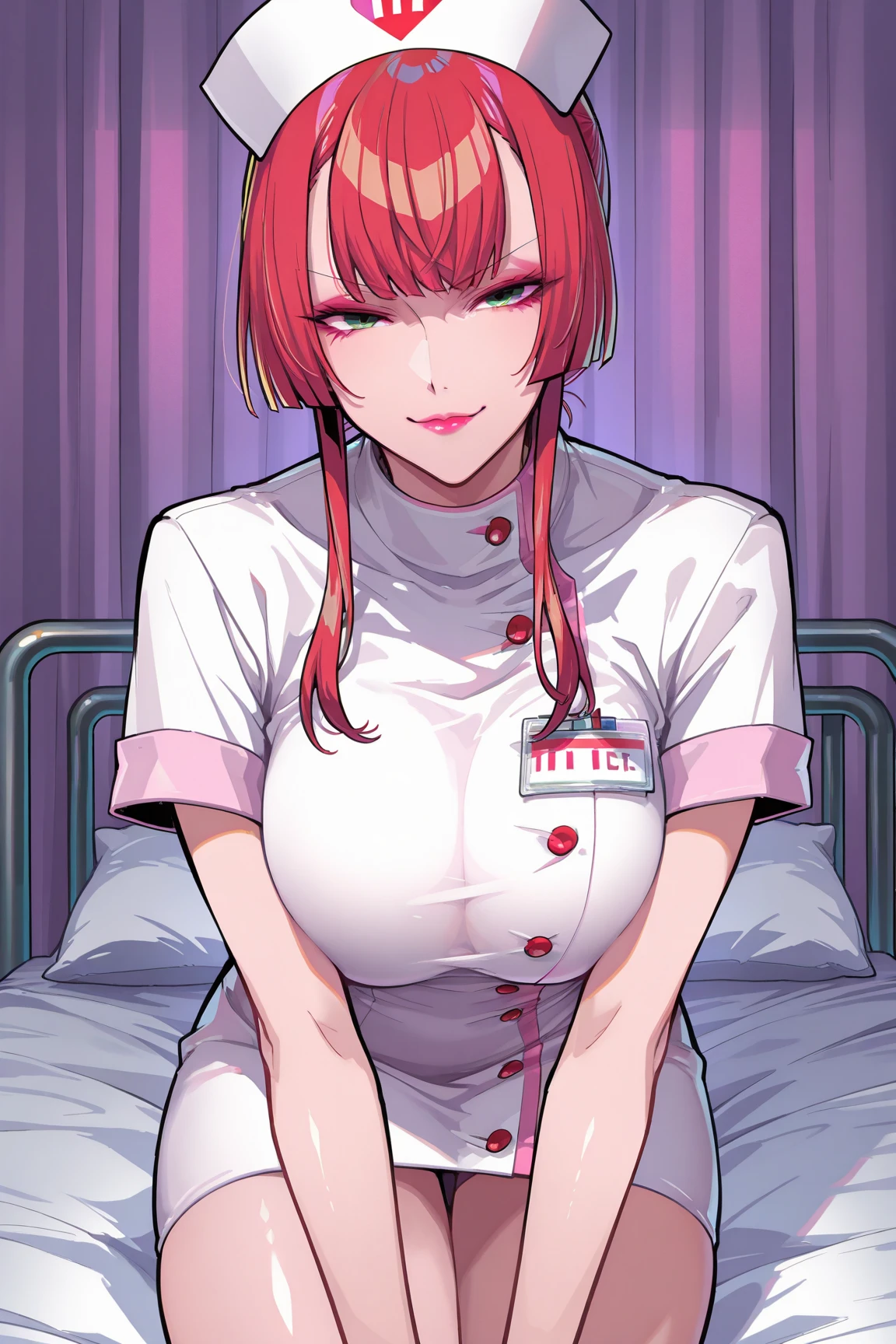 redhead nurse, shorth hair,large breasted,holding a syringe, bloodstains 