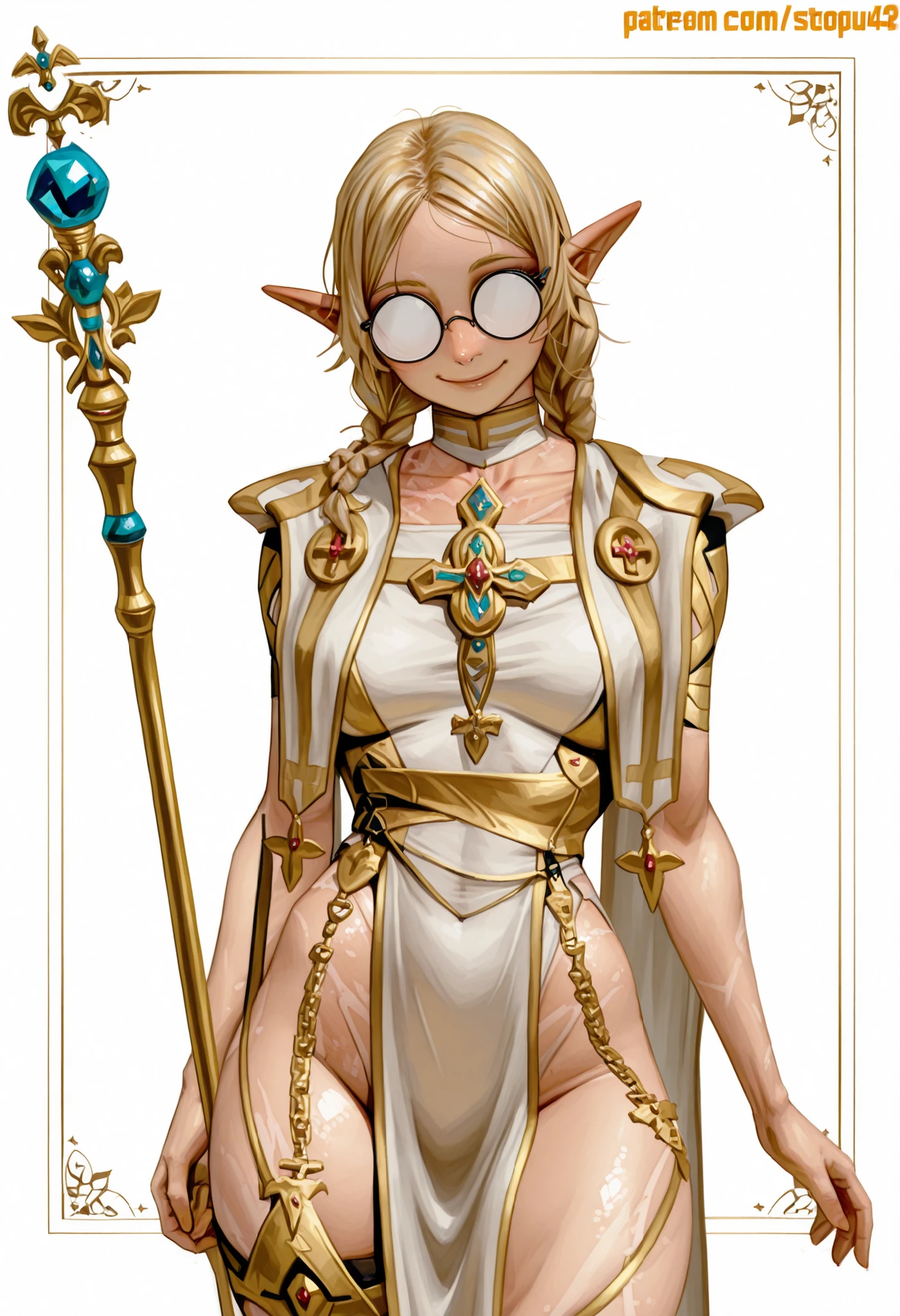 score_9, score_8_up, score_7_up, score_6_up, score_5_up, score_4_up,
BREAK
(masterpiece: 1.0), best quality, perfect anatomy, perfect composition, perfection,
BREAK
cinematic lighting, stopu42
BREAK
1girl, DND character art. Smile, elf, glittery fair skin, holding quarterstaff, golden and white cleric outfit, round glasses, double braids, front facing braids, simple background,blonde hair. Torso shot, collarbone, opaque glasses, @v@. Painterly, hyperdetailed painting