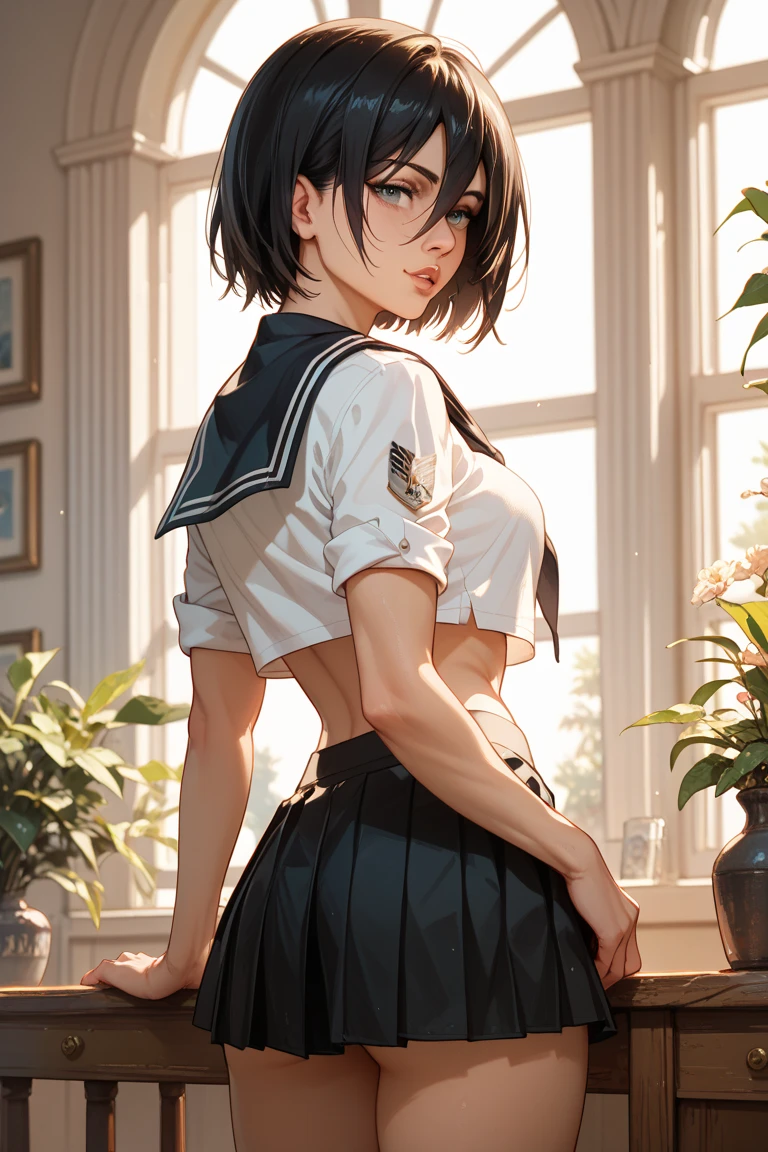 very cute and beautiful girl,(highly detailed beautiful face),
smile,serafuku,navy blue pleated mini skirt,
(looking back,from behind),leaning forward,from below,(white panties),
european antique hotel,corridor,wooden stairs,
black hair,low twintails,looking at viewer,
(best quality,masterpiece:1.2),absurdres,highres,ultra-detailed,extremely detailed,32k,8k resolution,
intricate details,cinematic scene,detailed background,solo,dynamic angle,
hair fluttering in the wind,beautiful detailed sky,