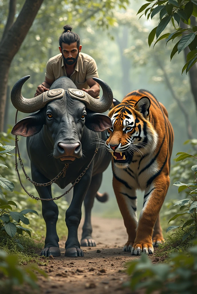 The owner is seen striking the tiger with a stick, subduing it, while the cow waits patiently to be rescued from the mud.