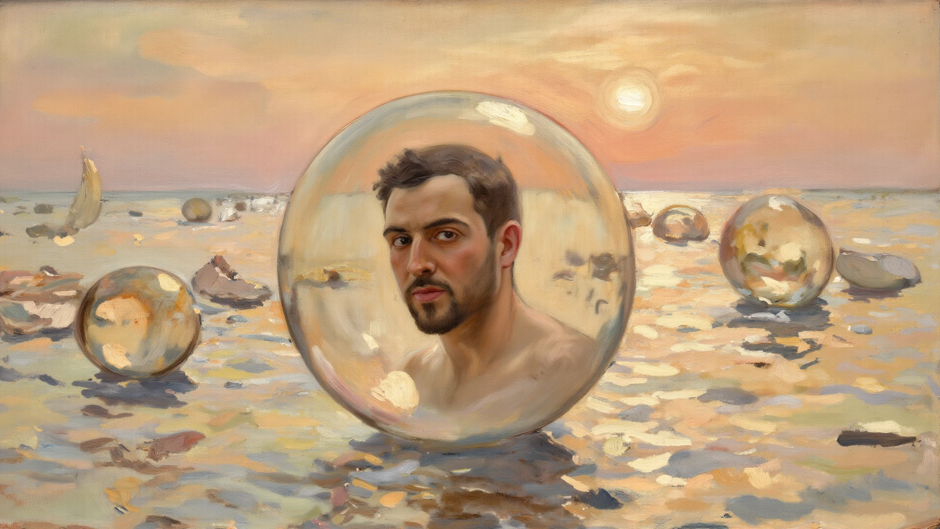 ('head, shoulders, chest'), Porcellana style, 'Art Painting' of swimmer person, bubbles and sand, (blue and grey and black), (backlighting)