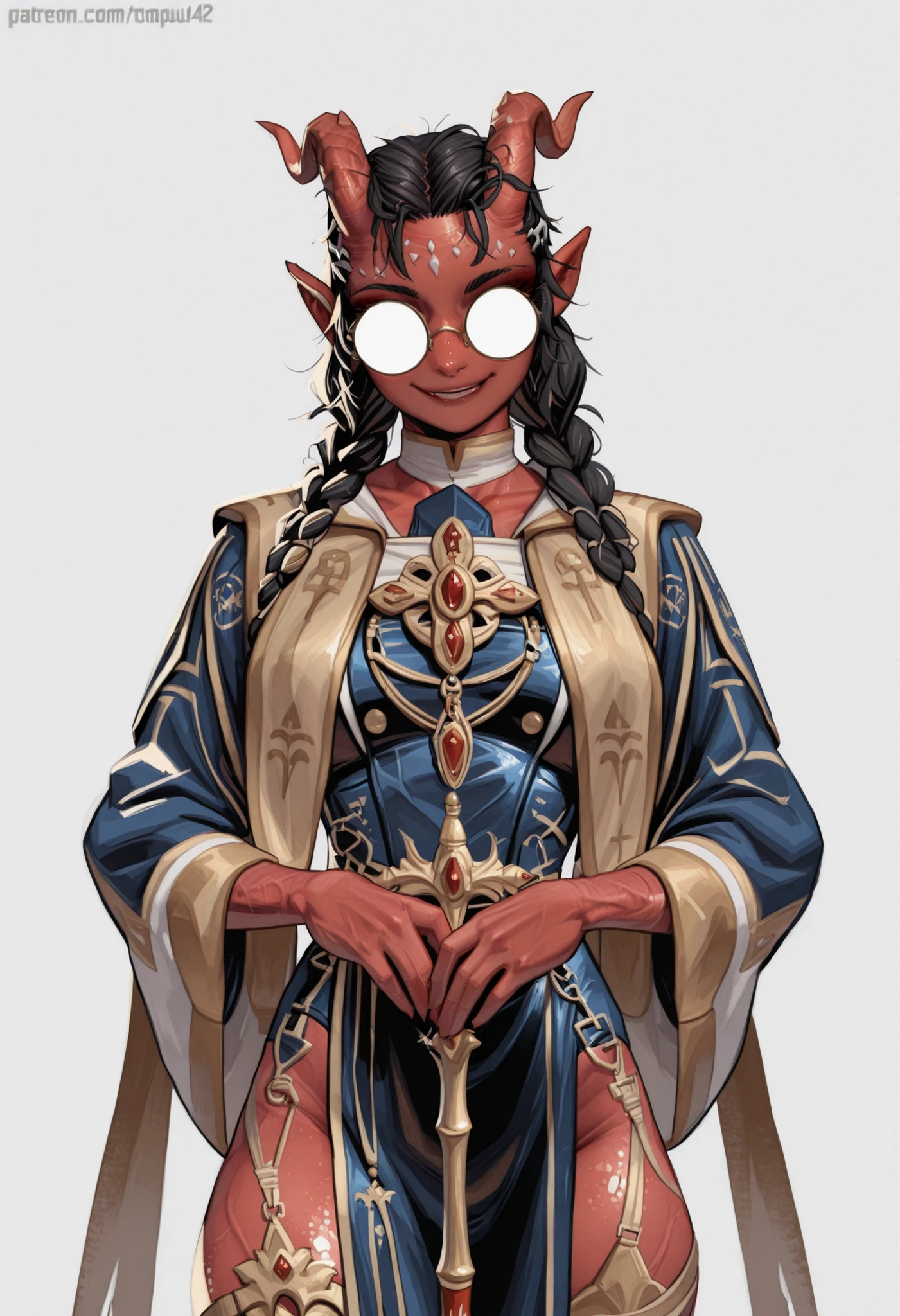 score_9, score_8_up, score_7_up, score_6_up, score_5_up, score_4_up,
BREAK
(masterpiece: 1.0), best quality, perfect anatomy, perfect composition, perfection,
BREAK
cinematic lighting, stopu42
BREAK
1girl, DND character art. Smile, tiefling, glittery red skin, holding quarterstaff, golden and magenta cleric outfit, round glasses, double braids, front facing braids, simple background,black hair. Torso shot, collarbone, opaque glasses, @v@. Painterly, hyperdetailed painting