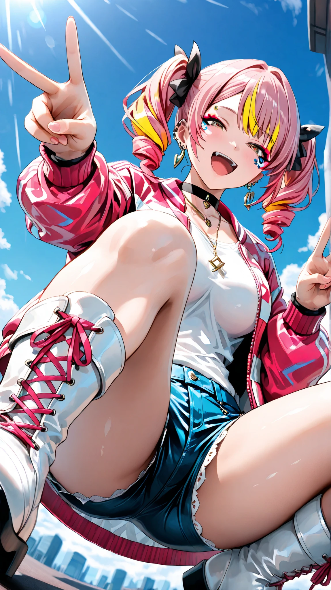 close up shot : 1.6, ((View from below and ground level shot : 1.6)), squatting, double Peace sign hand outstretched toward viewer, ((5 fingers)), ((anatomically correct)), smile, laughing, squinting, happy, (((open mouth))), Harajuku style fashion, (( Gradation Hair Color+yellow hair:1.4+pink hair:1.2), (twin drills hair), colorful eye makeup, gold eyebrow piercings, bright and colorful jacket, short pants with white lace trimming, white high-cut thick-soled boots, choker, (earrings:0.4), necklace, background blur, harajyuku streets, gives depth and openness to scene, depth of field, high resolution, masterpiece, accurate, top quality, high resolution model, high detail, beautiful detail, high resolution, 32K, realistic Rendering, Ultra Realistic Detail, thin body, Stylistically diverse, digital illustration, jima, Hands