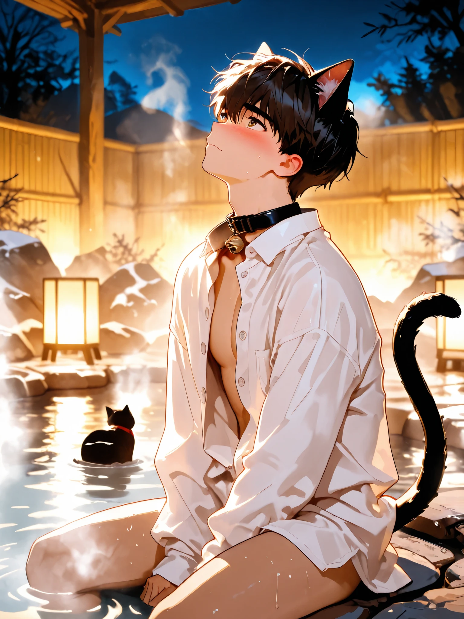 1 boy, cat ears, manhwa style, beautiful collar with bell, cute, tail in frame, embarrassed face, a little bit undressed, unbuttoned shirt, w-sitting, submissive pose, kneeling, hands on shirt, looking up, suggestive, hot springs, onsen, atmospheric, steam, outdoor bath, night, serene, relaxing, Japanese scenery, warm lighting, cozy, natural surroundings