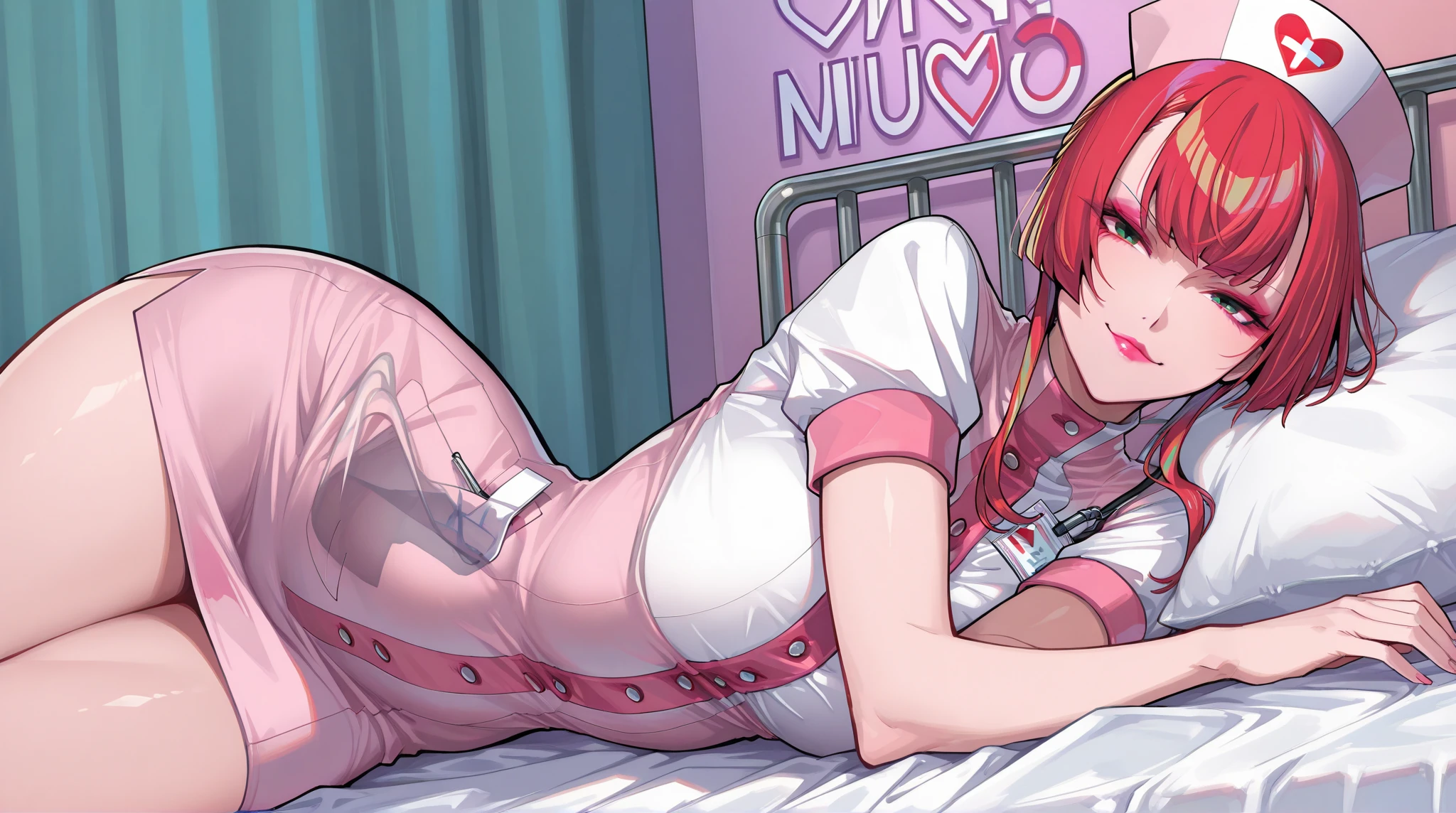 A redhead with a bob cut and big breasts wearing a pink tube top, white leggings, white boots, white gloves and a cat ear headband