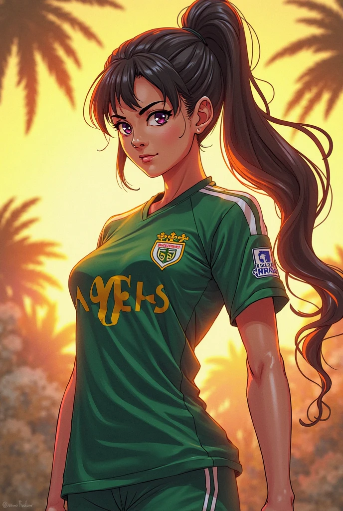 A detailed and charming description of a girl dressed as a sexy soccer player with a delicate look. Her curly brown hair falls softly over her shoulders, complementing her vibrant appearance. Wearing a uniform in the colors green and yellow, adorned with the flag of Brazil, she exudes confidence and passion for the sport. Sent on the football field, her pose is graceful and relaxed, conveying an air of intuition and grace --auto --s2