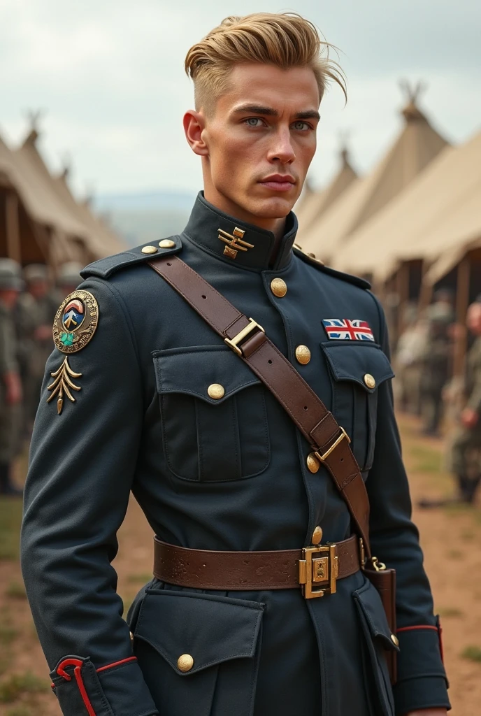 "Craft a vivid narrative depicting a strikingly handsome, blond-haired German military officer who serves as a high-ranking officer in the Waffen-SS during World War II. This officer, adorned in his grey military uniform and topped with a stern military cap, exudes an aura of chilling determination and lethal precision. His icy demeanor and merciless nature are palpable as he navigates the tumultuous landscapes of wartime Europe. Capture the essence of his presence on the battlefield, portraying both his tactical brilliance and the ferocity with which he executes his duties. Explore the complexities of his character, delving into the moral ambiguity that comes with his allegiance and actions within the context of history's most tumultuous conflict." uper fine face, super fine eyes, super fine nose, super fine mouth, perfect face, blue eyes, black uniform,  uniform, ww2 soldier uniform, ww2 german soldier officer uniform, waffen ss uniform, Wehrmacht uniform, super realistic waffen ss uniform.