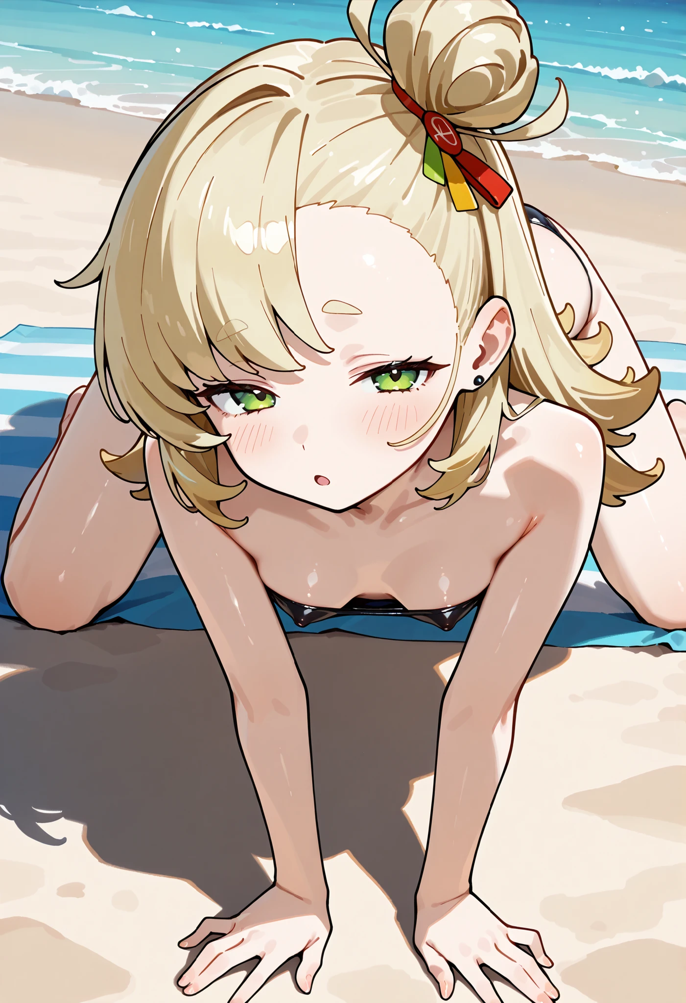 1 women,30year old women,blonde short hair,closed eyes,medium breasts,Emerald green side-tie bikini bottom,fetal position,sleeping,beachside,ass focus,from below